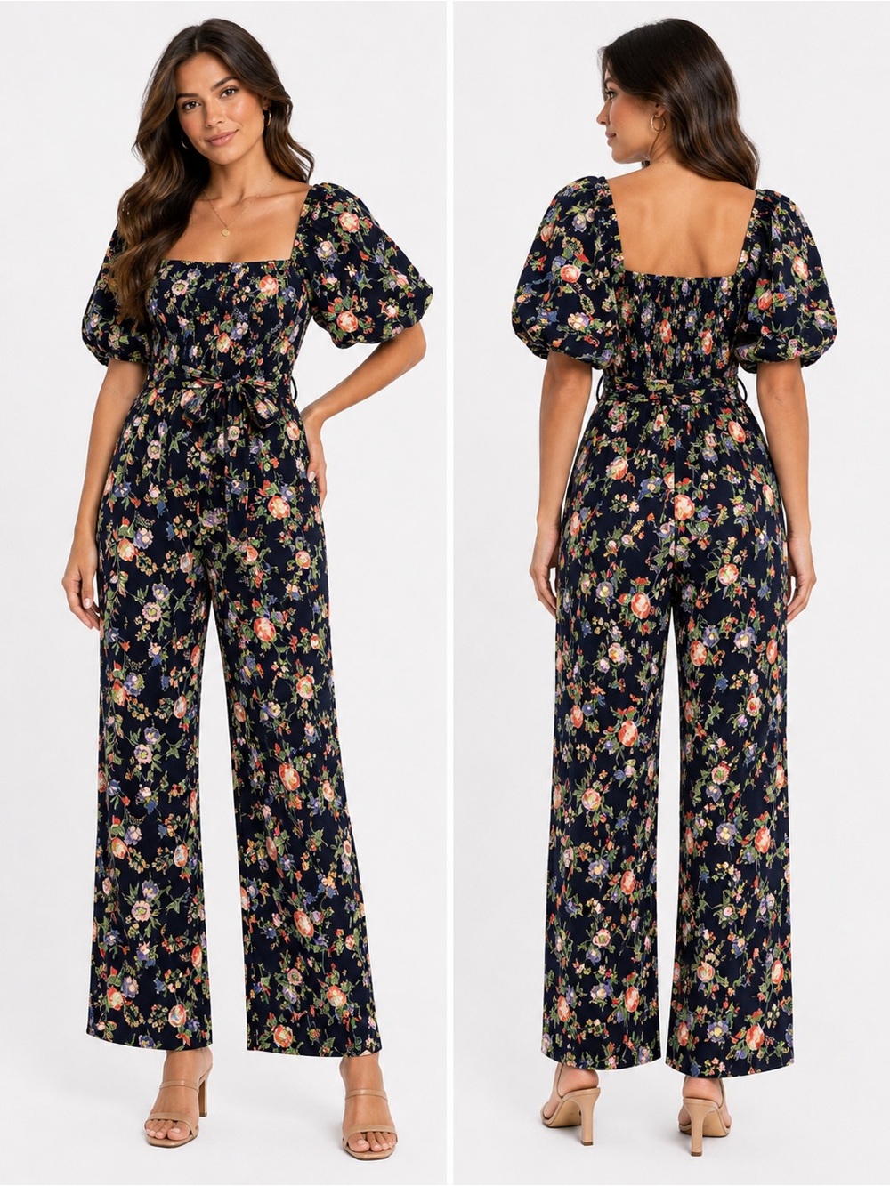 &Merci Size Large Floral Square-Neck Puff Sleeves Jumpsuit in Navy with Belt